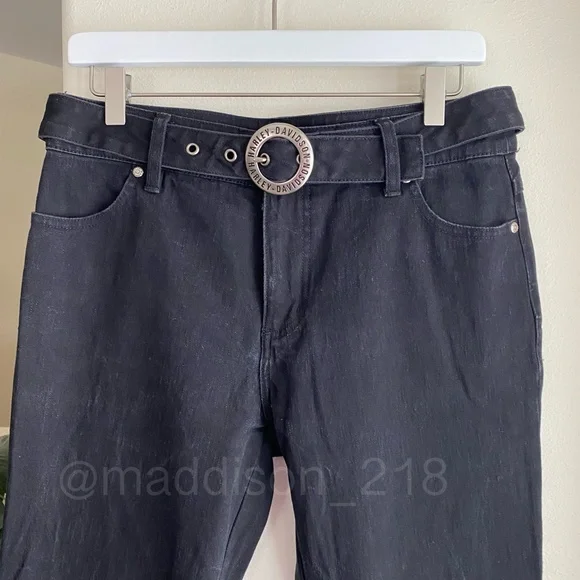 Harley Davidson Vintage Y2K Flame Embroidered Bootcut Flare Black Jeans 6 long - Picture 3 of 11